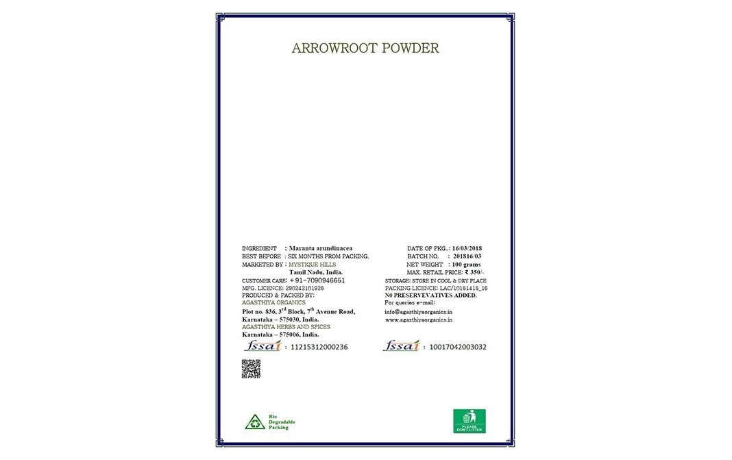 Mystique Hills Organic Arrowroot Powder   Box  100 grams
